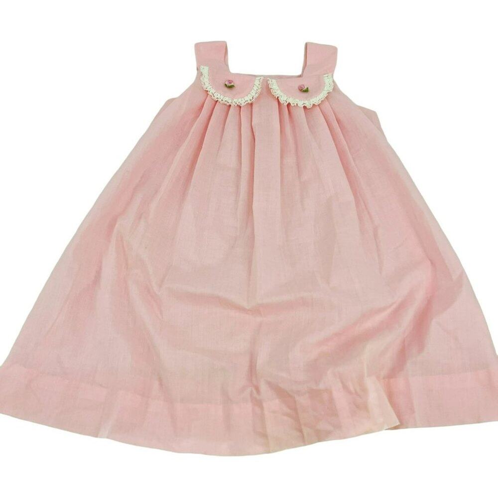 Vintage 60s Girls Kate Greenaway Pink Dress with Floral Rosette Size 6
